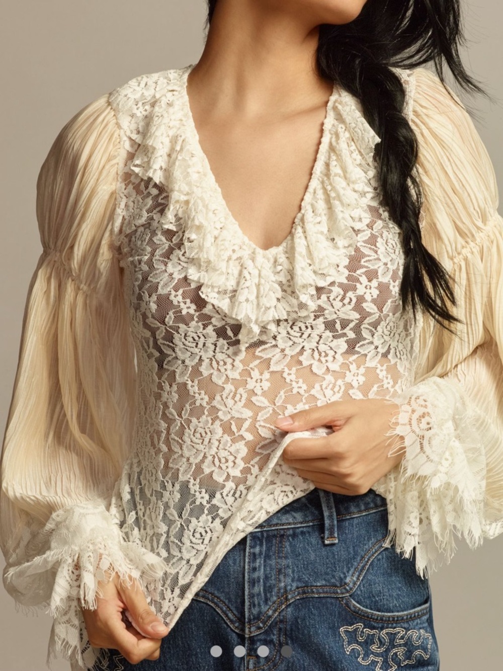 Anthropologie Ivory Lace Ruffle V-Neck Blouse